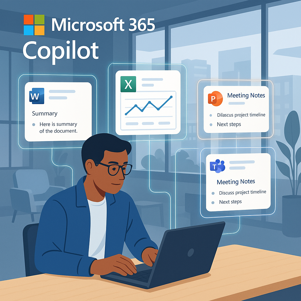 An informative and visually appealing illustration of Microsoft 365 Copilot in action. The image sho.png